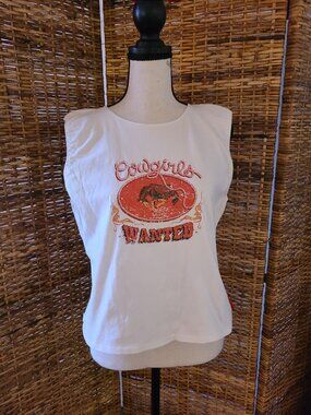 DKNY Jeans Sleeveless Graphic Print White Women's Size XL Cowgirls Wanted Bling